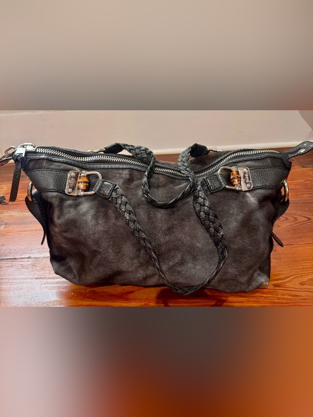 Authentic Gucci Medium Black Pony Hair Bamboo Bar Tote